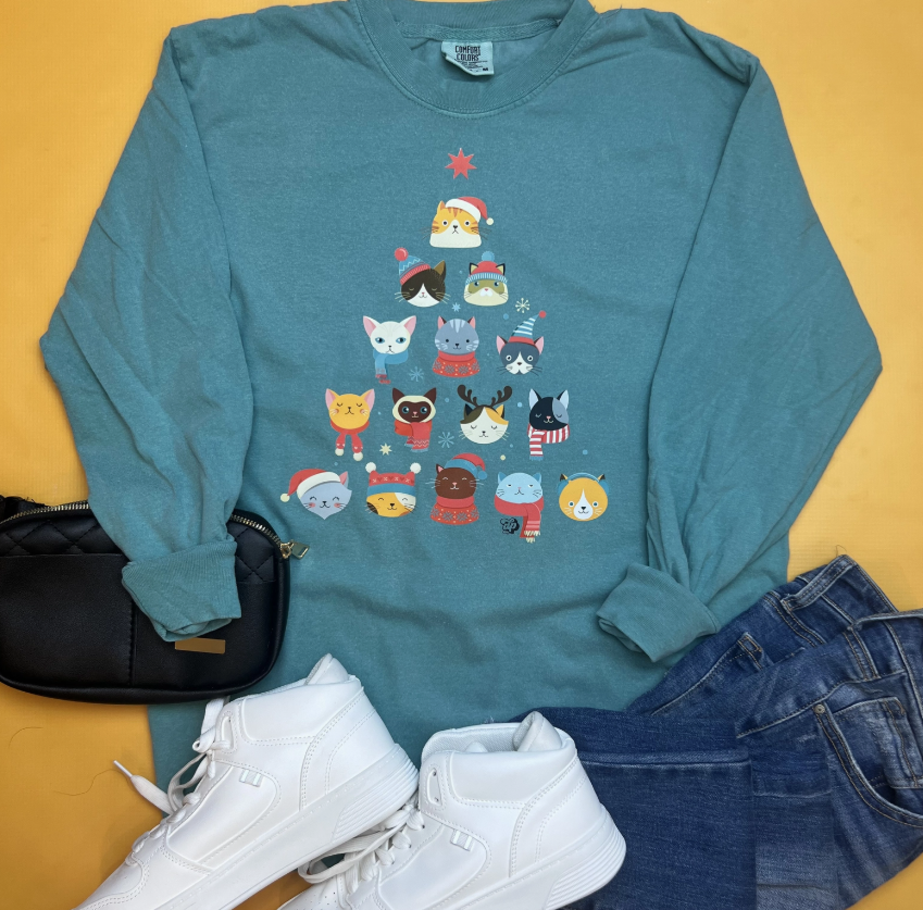 The Dapper Paw Cat Christmas Tree Long Sleeve Tee