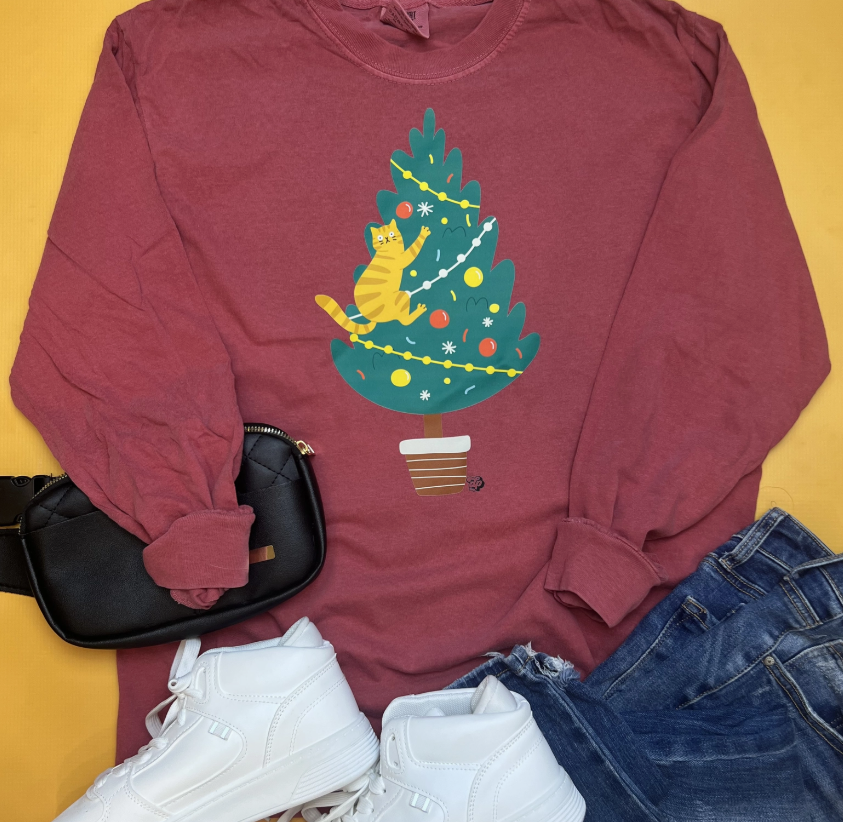 The Dapper Paw Naughty Christmas Cat Long Sleeve Tee